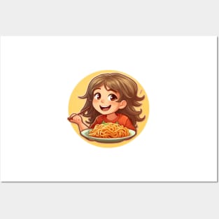 Cute Girl Eating Spaghetti Posters and Art